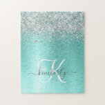 Teal Brushed Metall Silver Glitter Monogram Namn Pussel<br><div class="desc">Anpassa enkelt chicen i trendiget med -pussel med söt silver mousserande glitter på en teal borstad metallbakgrund.</div>