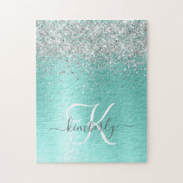 Teal Brushed Metall Silver Glitter Monogram Namn Pussel