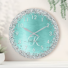 Teal Brushed Metall Silver Glitter Monogram Namn Rund Klocka