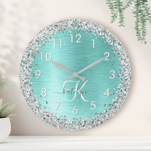 Teal Brushed Metall Silver Glitter Monogram Namn Rund Klocka
