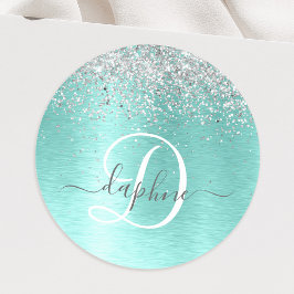 Teal Brushed Metall Silver Glitter Monogram Namn Runt Klistermärke