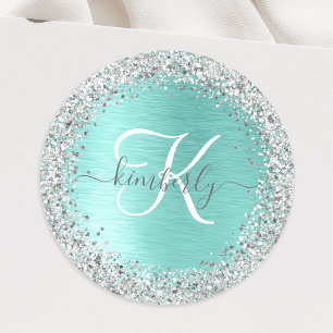 Teal Brushed Metall Silver Glitter Monogram Namn Runt Klistermärke