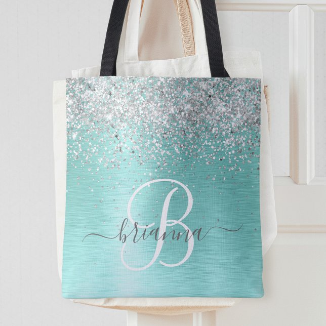 Teal Brushed Metall Silver Glitter Monogram Namn Tygkasse (Skapare uppladdad)