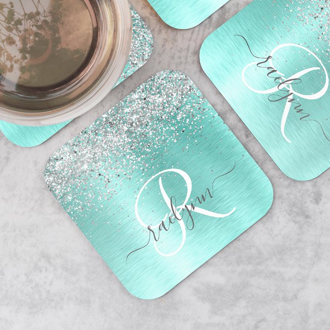 Teal Brushed Metall Silver Glitter Monogram Namn Underlägg Papper Kvadrat (Skapare uppladdad)