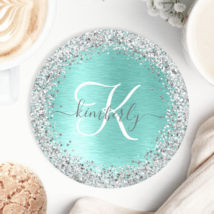 Teal Brushed Metall Silver Glitter Monogram Namn Underlägg Papper Rund
