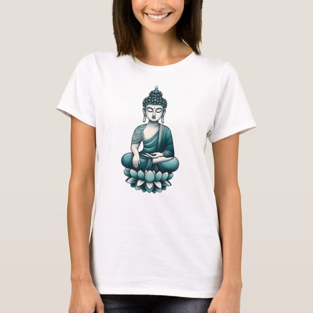 Teal Buddha i en lotus pokt T Shirt (Framsida)