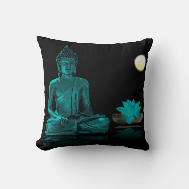 Teal Buddha och Lotus vid Night Dekorativ kudde (Framsida)