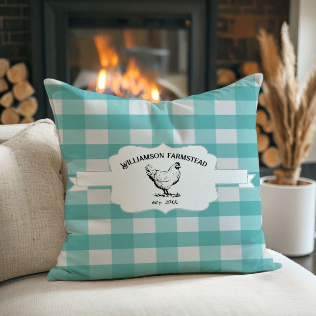 Teal Buffalo Play Farm Chicken Dekorativ kudde (Teal Buffalo Plaid Farm Chicken Throw Pillow)