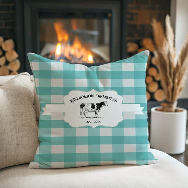 Teal Buffalo Play Farm Cow Dekorativ kudde (Teal Buffalo Plaid Farm Cow Throw Pillow)