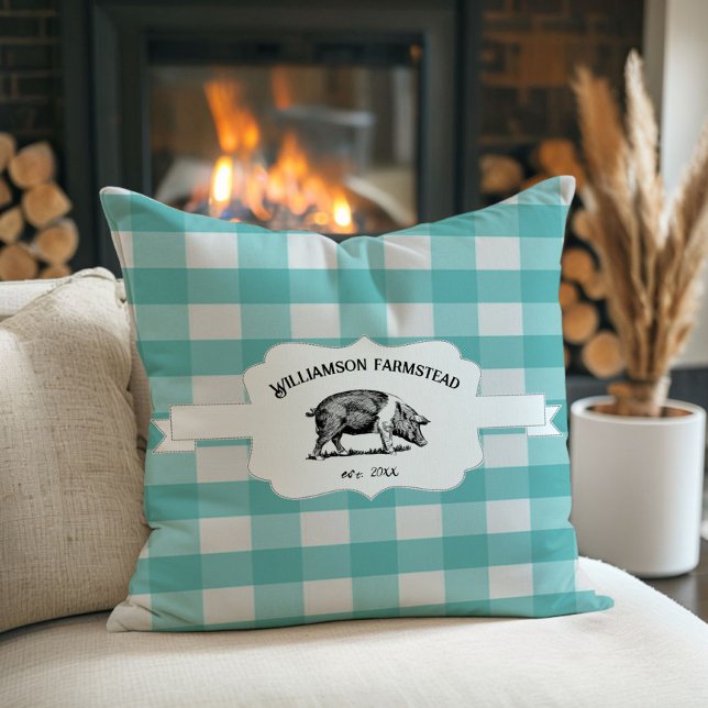 Teal Buffalo Play Farm Gris Dekorativ kudde (Teal Buffalo Plaid Farm Pig Throw Pillow)