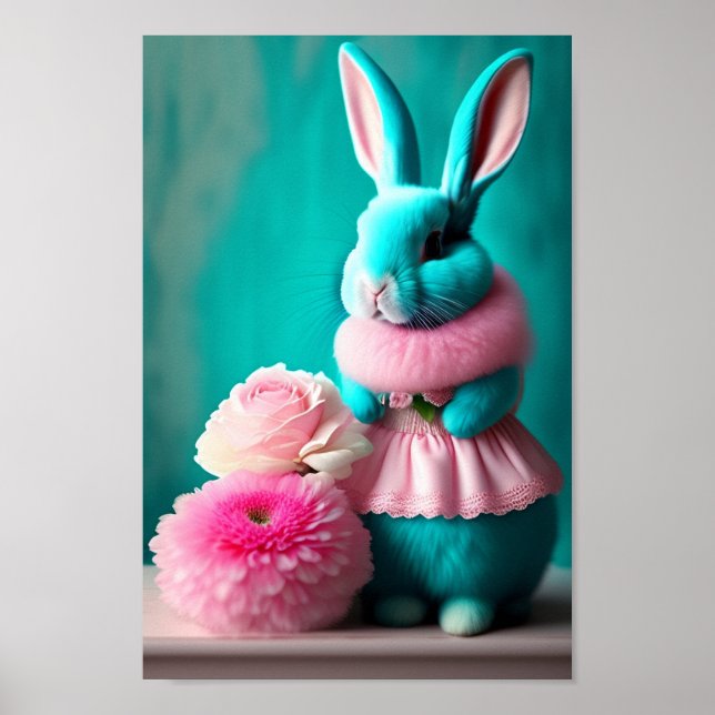 Teal Bunny Påsk Porträtt Poster (Framsidan)