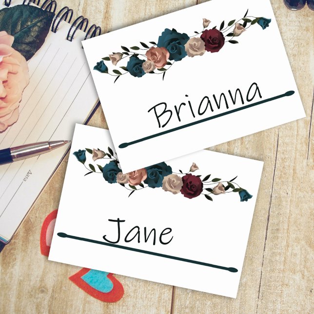 Teal, Burgundy, Beige Ro Namn-platskort Bordsnummer (Name place settings, wedding reception name tags, burgundy teal green roses, name cards)