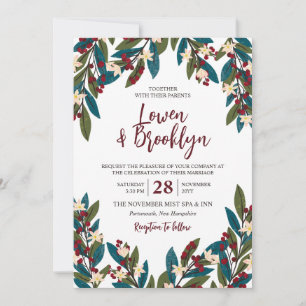 Teal & Burgundy Blommigt Berry Twigs Bröllop Inbjudningar
