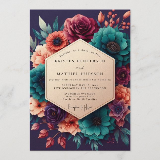 Teal & Burgundy Decadent Floral Wedding Inbjudningar (Framsida)