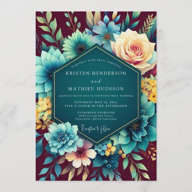 Teal & Burgundy Lush Botanical Wedding Inbjudningar (Framsida)