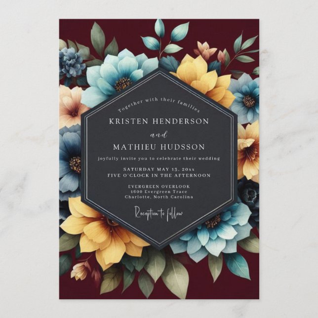 Teal & Burgundy Painterly Bloom Wedding Inbjudningar (Framsida)