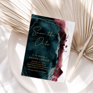 Teal & Burgundy Watercolor Spara datum Inbjudningar