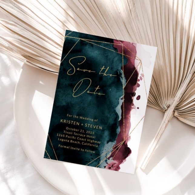 Teal & Burgundy Watercolor Spara datum Inbjudningar (Skapare uppladdad)