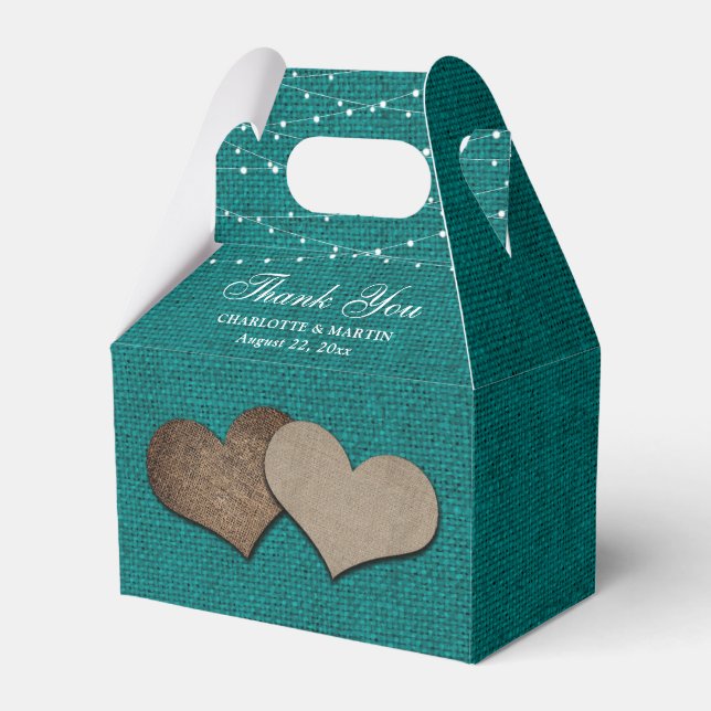 Teal Burlap Heart Bröllop Tack Presentaskar (Framsidan Sidan)