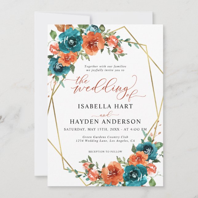 Teal Burnt Orange Blommigt Guld Fall Wedding Inbjudningar (Framsida)