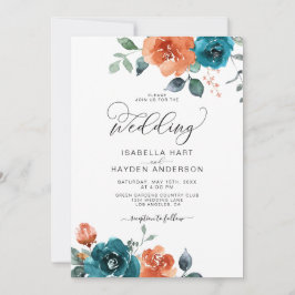 Teal Burnt Orange Boho Blommigt Watercolor Bröllop Inbjudningar