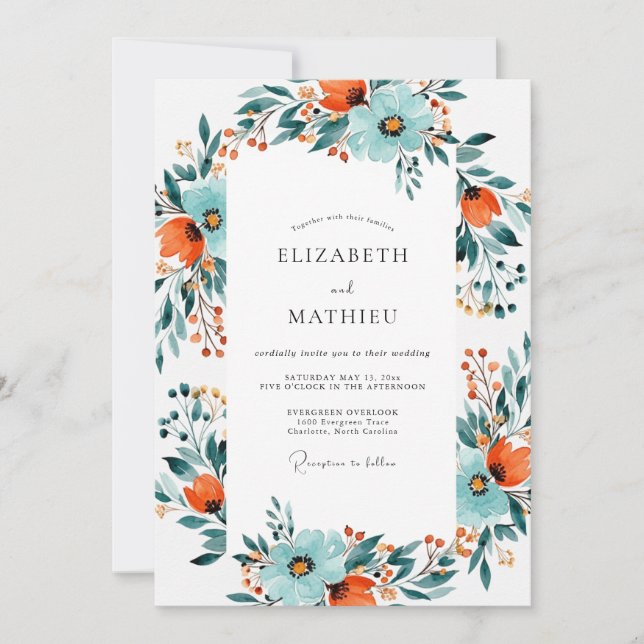 Teal Burnt Orange Dynamic Botanical Wedding Inbjudningar (Framsida)