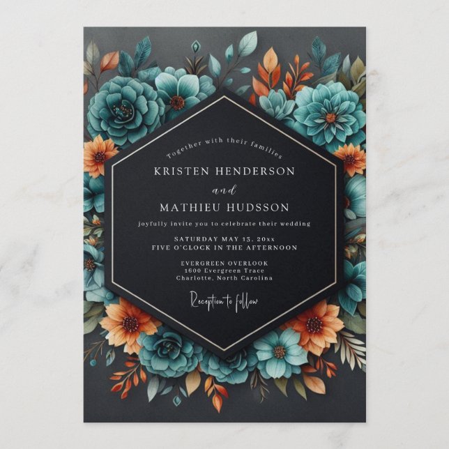 Teal Burnt Orange Moody Wedding Inbjudningar (Framsida)