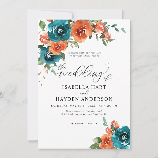 Teal Burnt Orange Rustic Blommigt Watercolor Bröll Inbjudningar (Framsida)