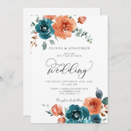 Teal Burnt Orange Rustic Fall Blommigt Bröllop Inbjudningar