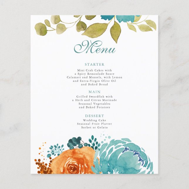 Teal Burnt Orange Terracotta Fall Wedding Menu Flygblad (Framsidan)