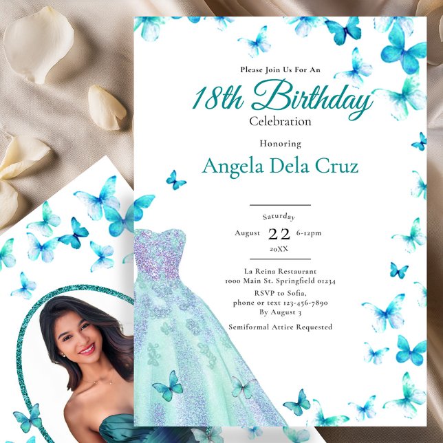 Teal Butterflies And Dress 18th Birthday Debut Inbjudningar (Skapare uppladdad)
