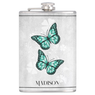 Teal Butterfly Blommigt Flask Fickplunta