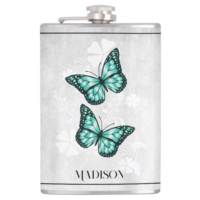 Teal Butterfly Blommigt Flask Fickplunta (Framsidan)