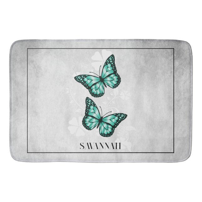Teal Butterfly Blommigt Personlig Bath Mat Badrumsmatta (Framsidan)