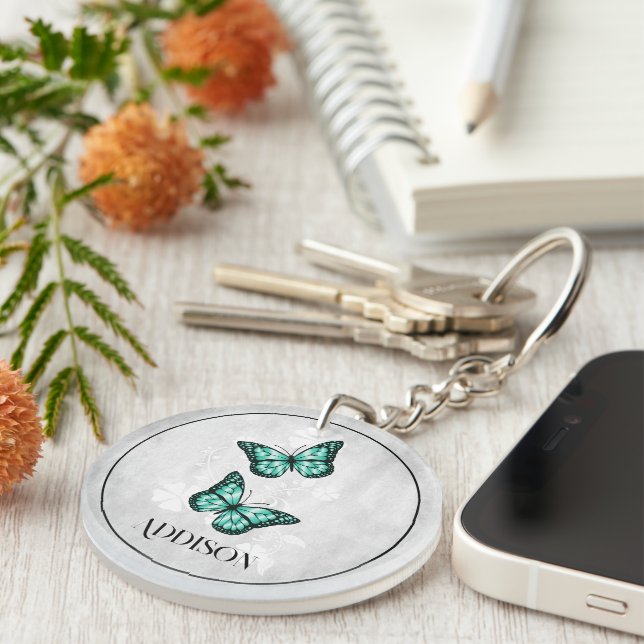 Teal Butterfly Blommigt Personlig Keychain (Högra Framsidan)