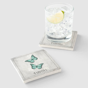 Teal Butterfly Blommigt Personlig Stone Underlägg