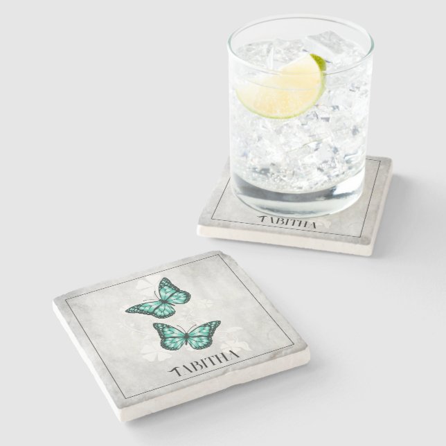 Teal Butterfly Blommigt Personlig Stone Underlägg (Sidan)