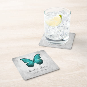 Teal Butterfly Bröllop Pappra Underlägg Papper Kvadrat