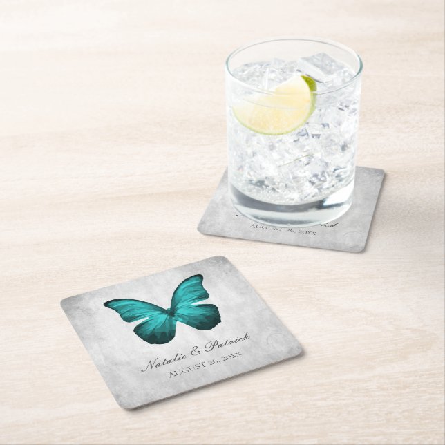 Teal Butterfly Bröllop Pappra Underlägg Papper Kvadrat (Insitu)