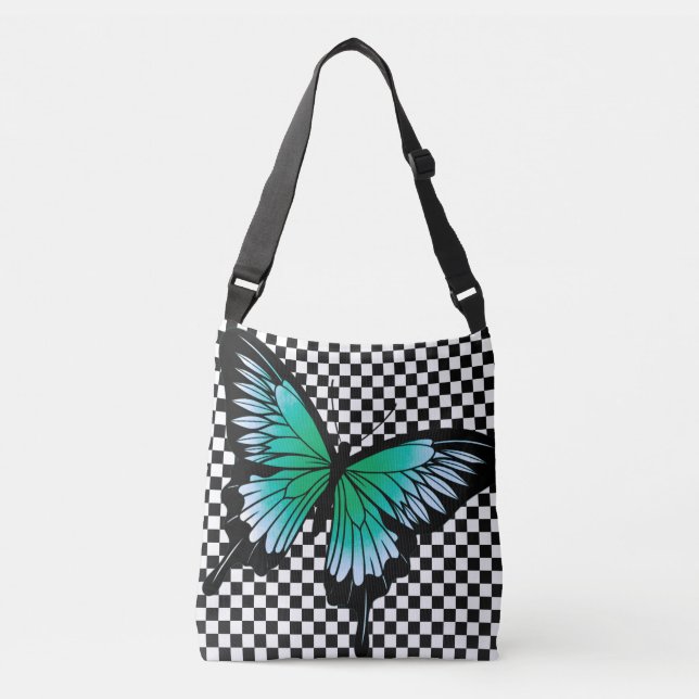Teal Butterfly Classic Checker Kor Body Tote Bag Axelväska (Framsida)