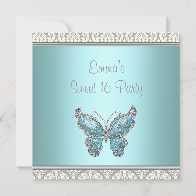 Teal Butterfly Damask Sweet 16 Party Inbjudningar (Framsida)