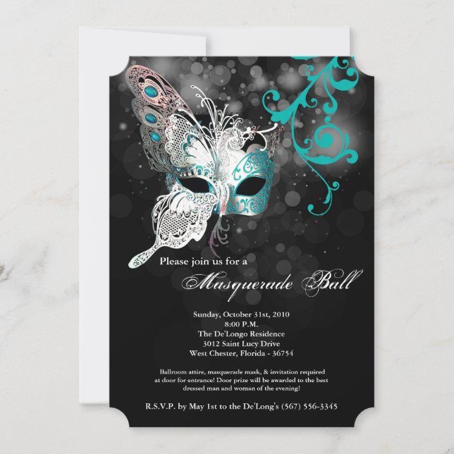 Teal Butterfly Masqueramasken Costume Halloween Inbjudningar (Framsida)