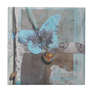 Teal Butterfly Mixed Media Art Kakelplatta