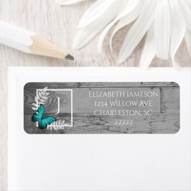 Teal Butterfly Rustic-etikett Returadress Etikett (Insitu)