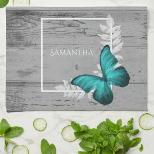 Teal Butterfly Rustic Kitchen Towel Kökshandduk