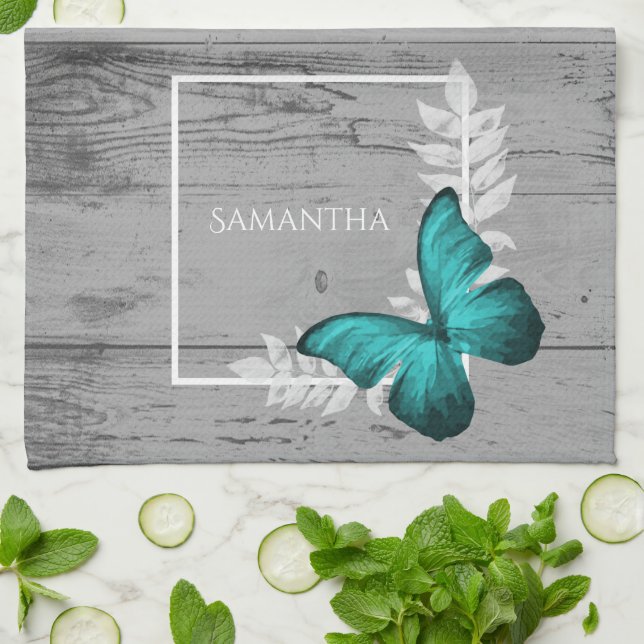 Teal Butterfly Rustic Kitchen Towel Kökshandduk (Vikta)