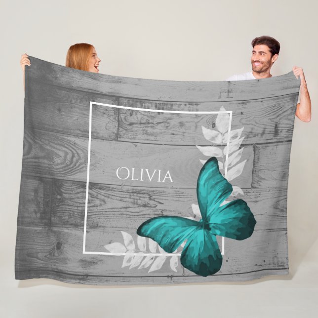 Teal Butterfly Rustic Personlig Fleece Blanket (På plats)