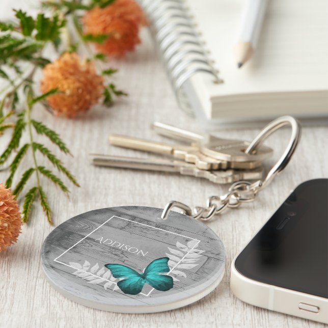Teal Butterfly Rustic Personlig Keychain (Högra Framsidan)