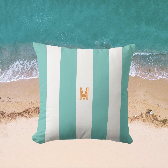 Teal Cabana Rand & Personlig Orange Monogram Kudde (Skapare uppladdad)