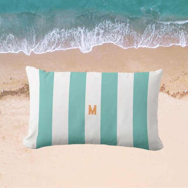 Teal Cabana Rand & Personlig Orange Monogram Lumbarkudde (Skapare uppladdad)